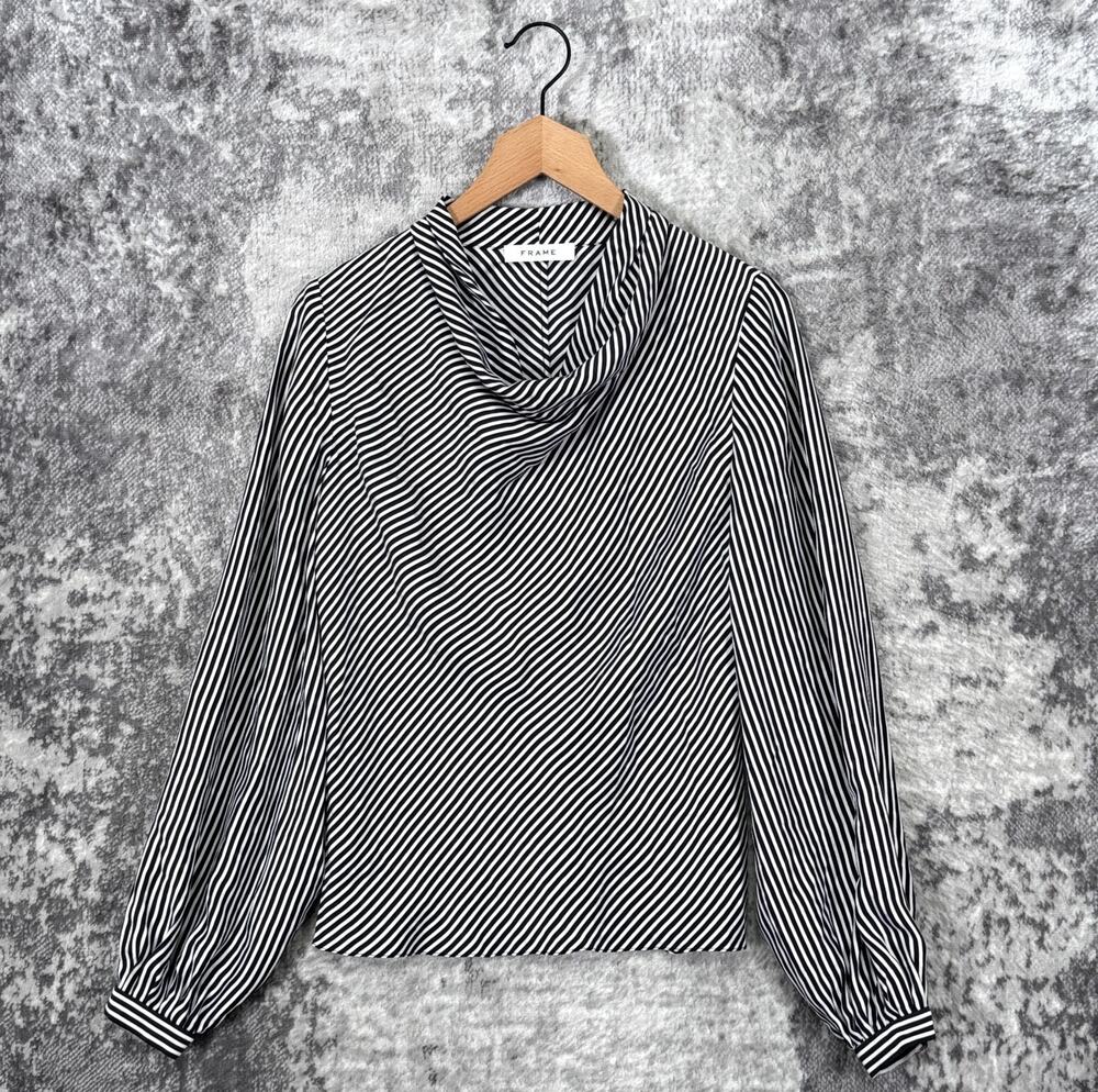 FRAME Blouse Top Medium Womens Striped Cowl Neck Silky Long Sleeve